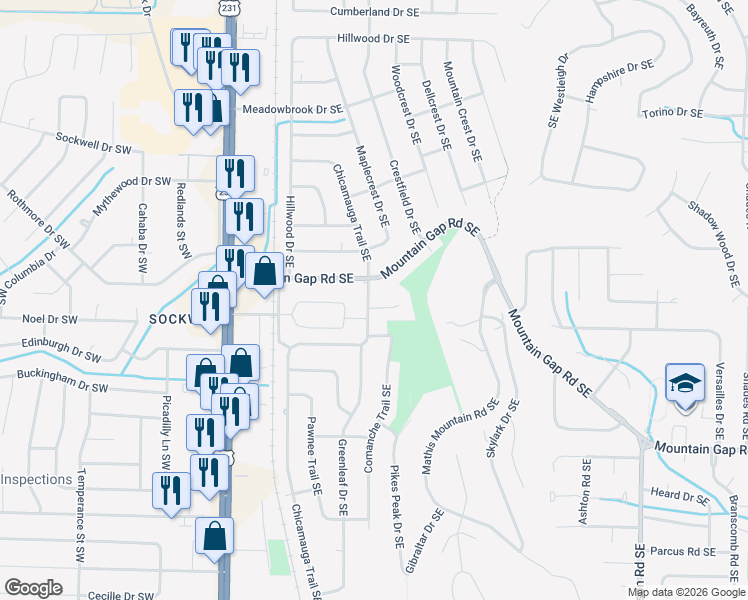 map of restaurants, bars, coffee shops, grocery stores, and more near 501 Chicamauga Trail Southeast in Huntsville