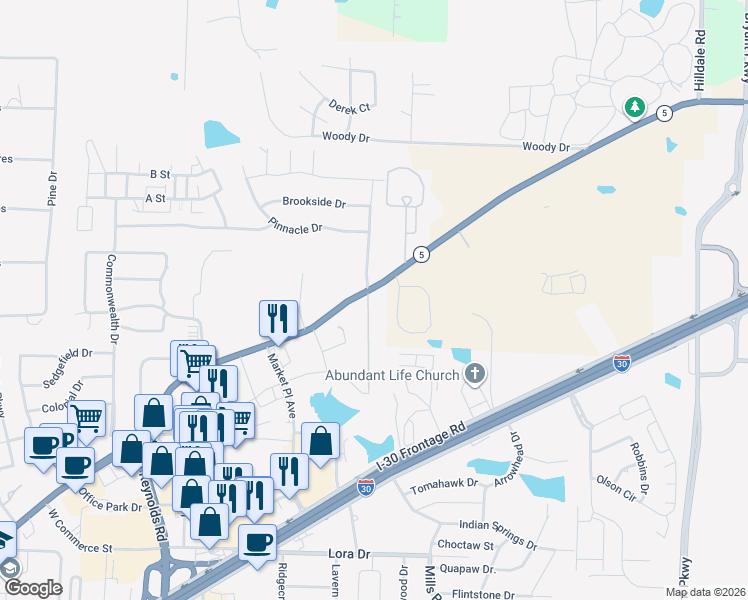 map of restaurants, bars, coffee shops, grocery stores, and more near 3815 Logan Ridge Drive in Bryant