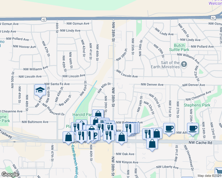 map of restaurants, bars, coffee shops, grocery stores, and more near 1908 Northwest 38th Street in Lawton