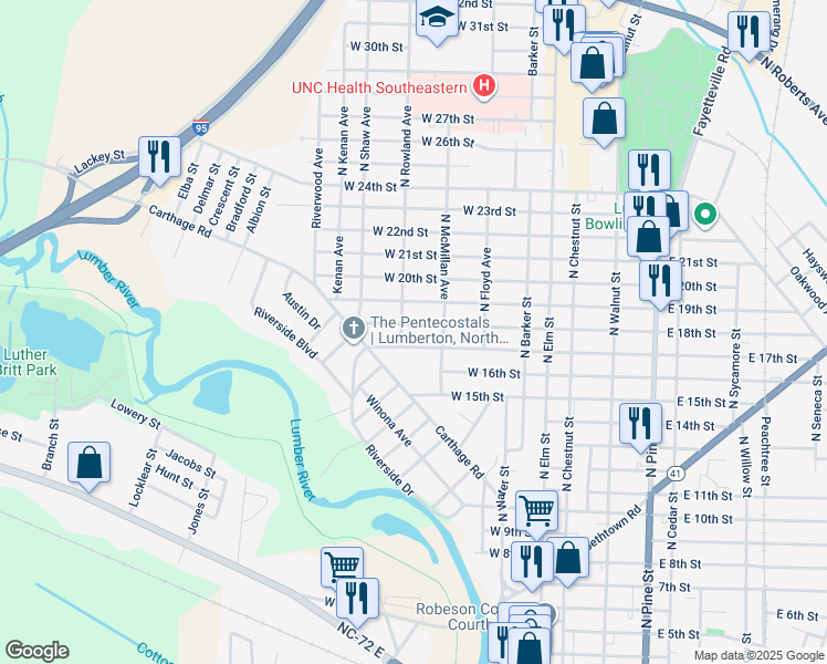 map of restaurants, bars, coffee shops, grocery stores, and more near 407 W 17th St in Lumberton