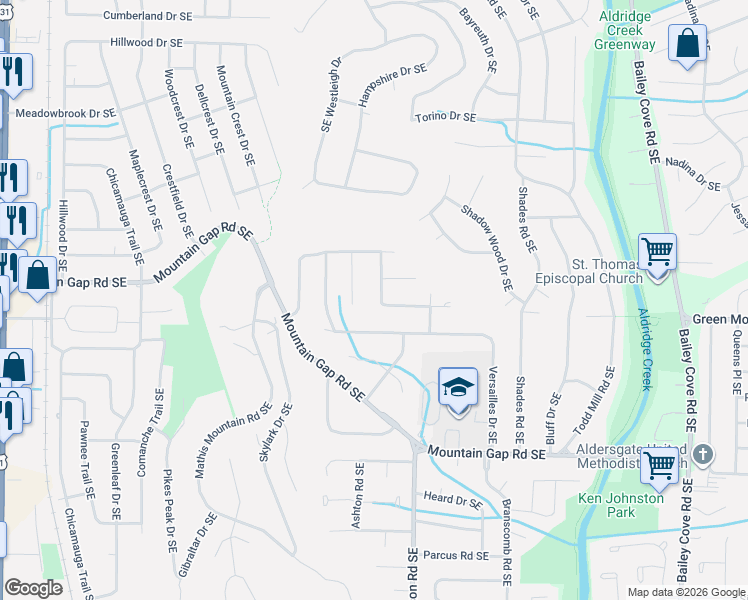 map of restaurants, bars, coffee shops, grocery stores, and more near 605 Garv Circle Southeast in Huntsville