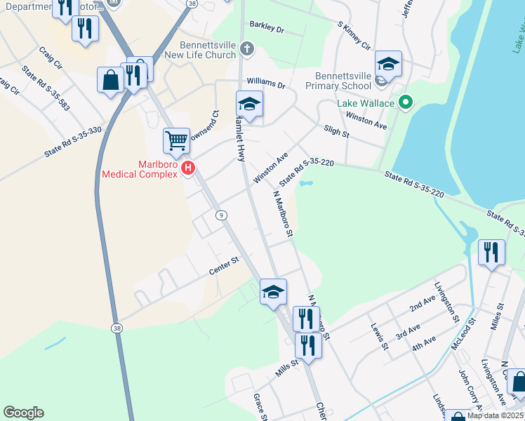 map of restaurants, bars, coffee shops, grocery stores, and more near 813-815 North Marlboro Street in Bennettsville