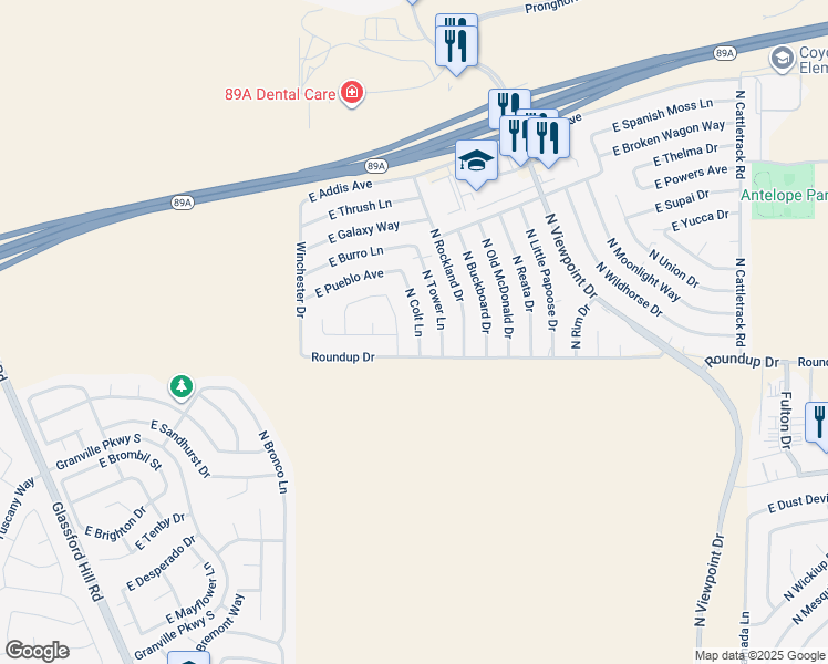 map of restaurants, bars, coffee shops, grocery stores, and more near 6081 North Dodge Drive in Prescott Valley