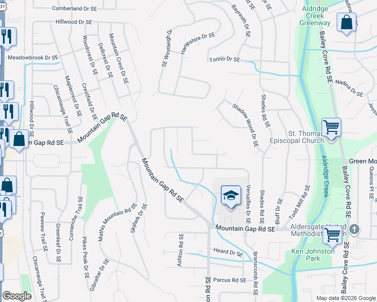 map of restaurants, bars, coffee shops, grocery stores, and more near 605 Garv Circle Southeast in Huntsville