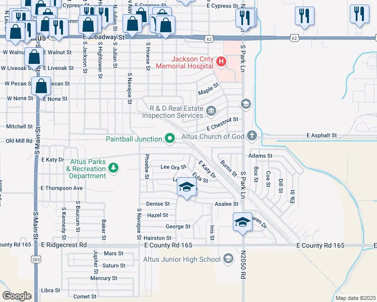 map of restaurants, bars, coffee shops, grocery stores, and more near 933 East Katy Drive in Altus