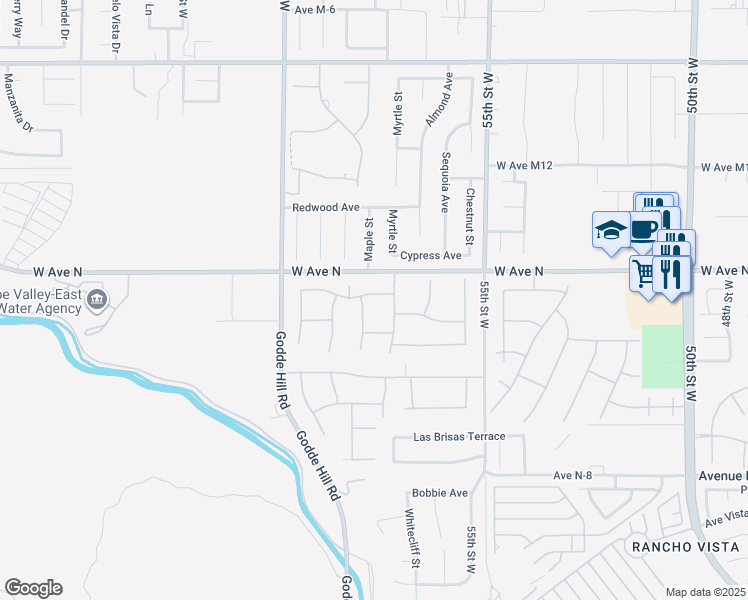 map of restaurants, bars, coffee shops, grocery stores, and more near 5706 Northridge Drive in Palmdale