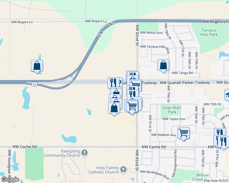 map of restaurants, bars, coffee shops, grocery stores, and more near 2030 Northwest 82nd Street in Lawton