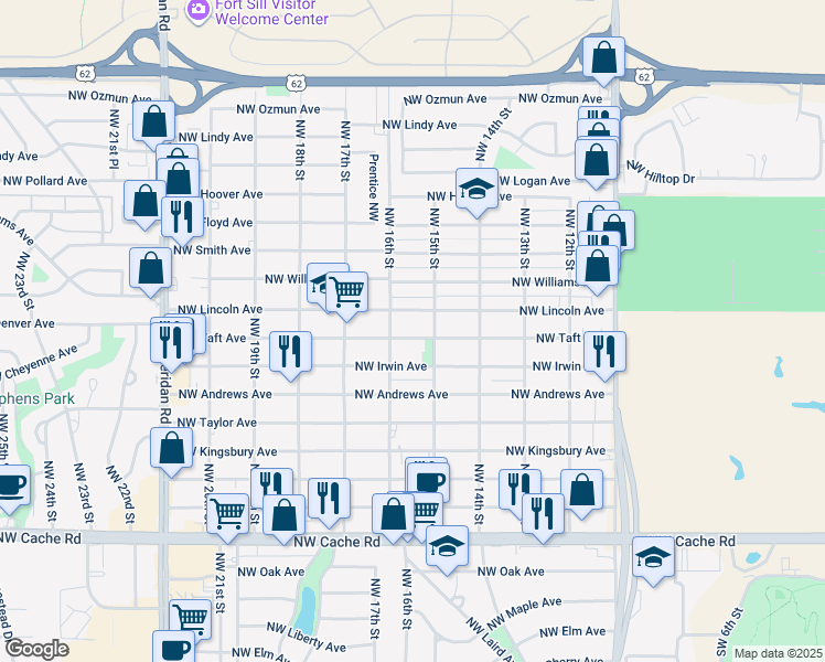 map of restaurants, bars, coffee shops, grocery stores, and more near 1509 Northwest Taft Avenue in Lawton