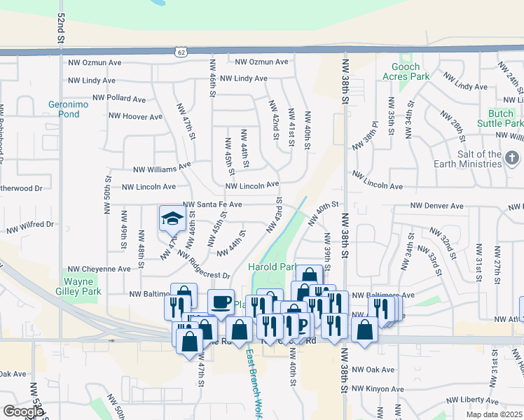 map of restaurants, bars, coffee shops, grocery stores, and more near 4309 Northwest Santa Fe Avenue in Lawton