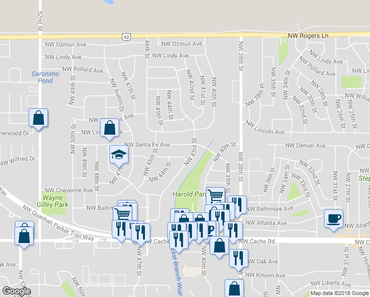 map of restaurants, bars, coffee shops, grocery stores, and more near 4308 Northwest Santa Fe Avenue in Lawton