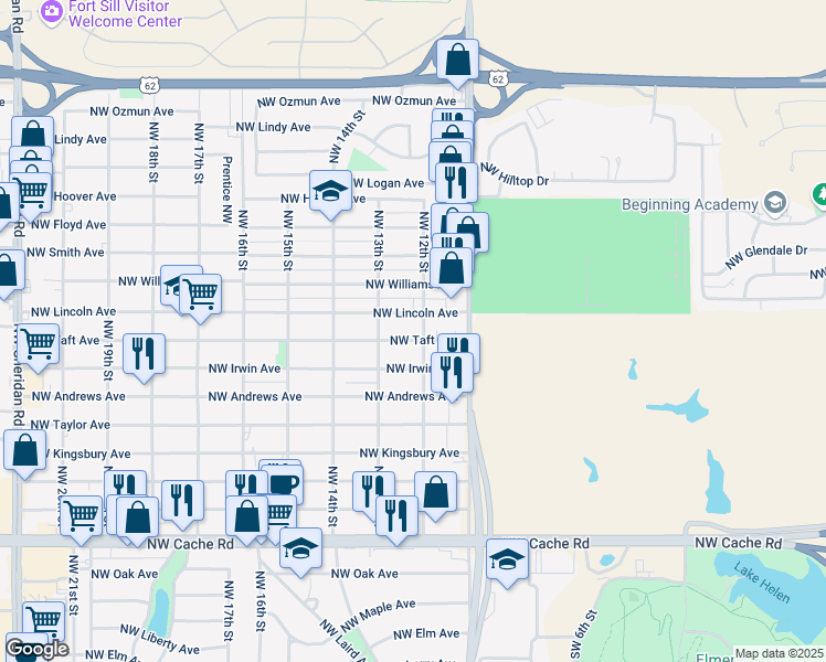 map of restaurants, bars, coffee shops, grocery stores, and more near 1212 Northwest Lincoln Avenue in Lawton