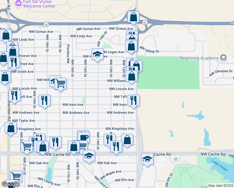 map of restaurants, bars, coffee shops, grocery stores, and more near 1212 Northwest Lincoln Avenue in Lawton