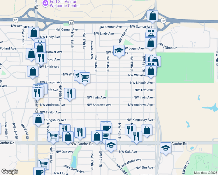 map of restaurants, bars, coffee shops, grocery stores, and more near 1502 Northwest Lincoln Avenue in Lawton