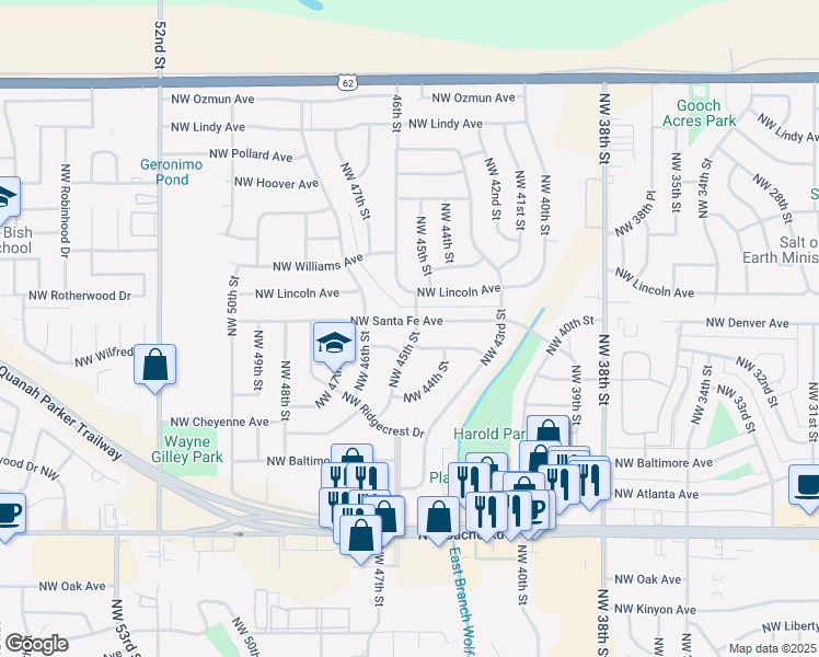 map of restaurants, bars, coffee shops, grocery stores, and more near 1708 Northwest 45th Street in Lawton