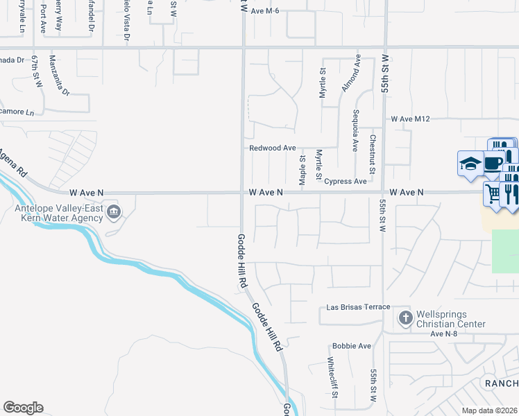 map of restaurants, bars, coffee shops, grocery stores, and more near 41164 Carmel Road in Palmdale