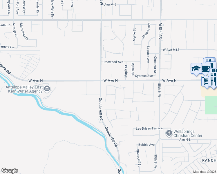 map of restaurants, bars, coffee shops, grocery stores, and more near 5909 Northridge Drive in Palmdale