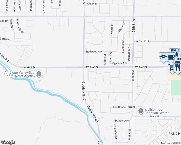 map of restaurants, bars, coffee shops, grocery stores, and more near 41164 Carmel Road in Palmdale