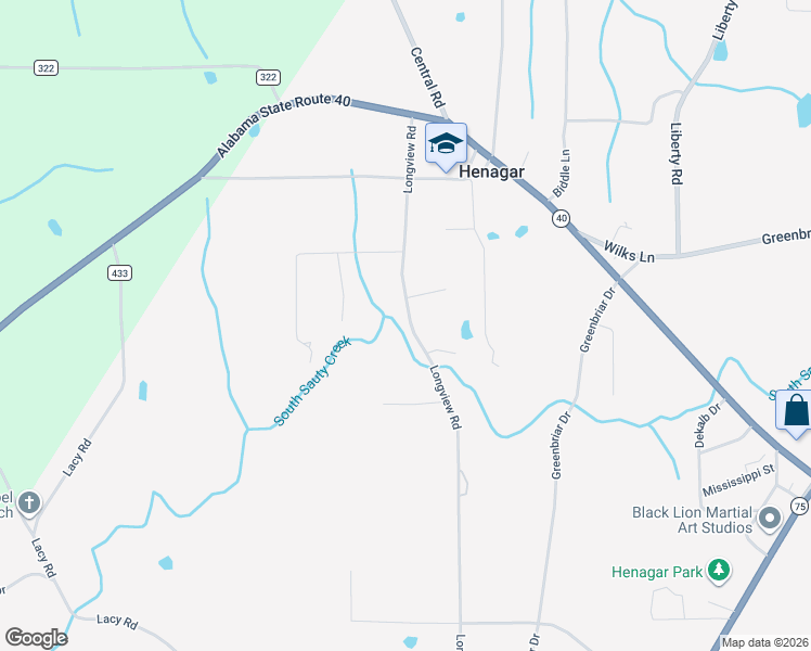 map of restaurants, bars, coffee shops, grocery stores, and more near 365 Longview Road in Henagar