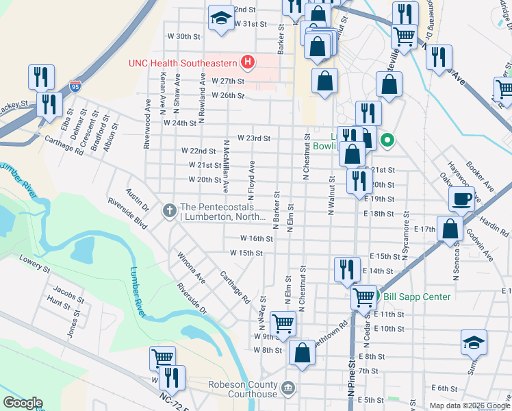 map of restaurants, bars, coffee shops, grocery stores, and more near 302 West 19th Street in Lumberton