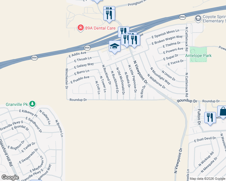 map of restaurants, bars, coffee shops, grocery stores, and more near 6100 North Buckboard Drive in Prescott Valley