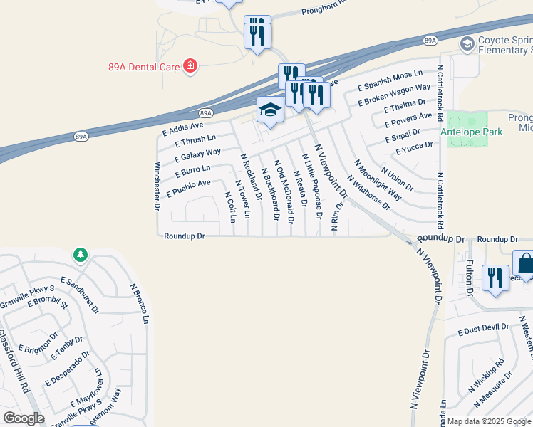 map of restaurants, bars, coffee shops, grocery stores, and more near 6100 North Buckboard Drive in Prescott Valley