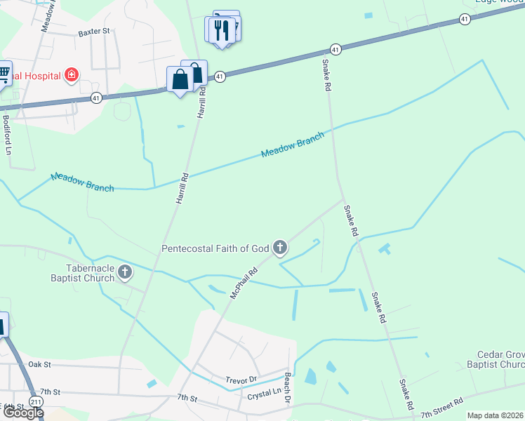 map of restaurants, bars, coffee shops, grocery stores, and more near McPhail Road in Lumberton