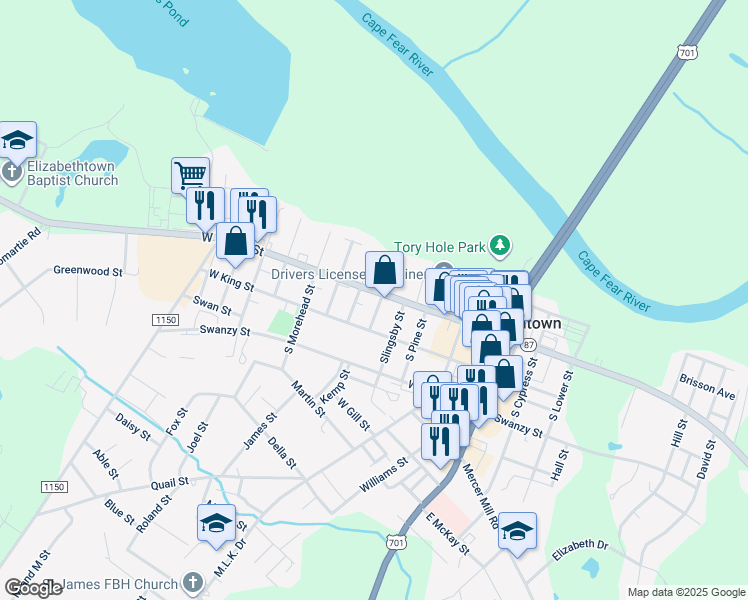 map of restaurants, bars, coffee shops, grocery stores, and more near 503 West Broad Street in Elizabethtown