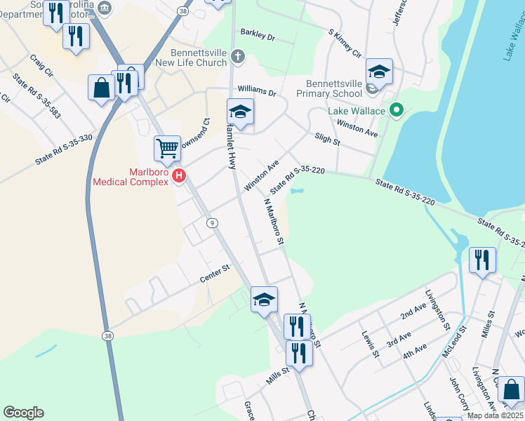map of restaurants, bars, coffee shops, grocery stores, and more near 813 North Marlboro Street in Bennettsville