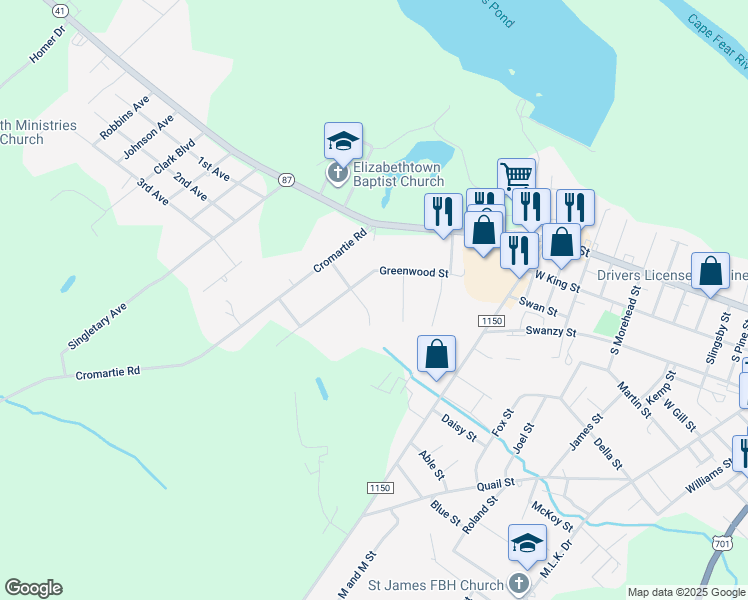 map of restaurants, bars, coffee shops, grocery stores, and more near 1615 Greenwood Street in Elizabethtown