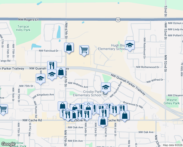 map of restaurants, bars, coffee shops, grocery stores, and more near 1920 Northwest Crosby Park Boulevard in Lawton