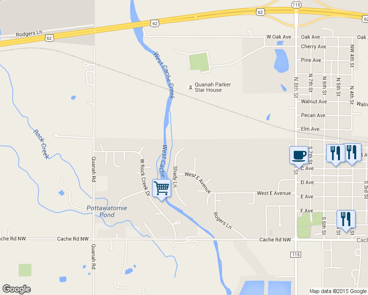 map of restaurants, bars, coffee shops, grocery stores, and more near 405 Shady Lane in Cache