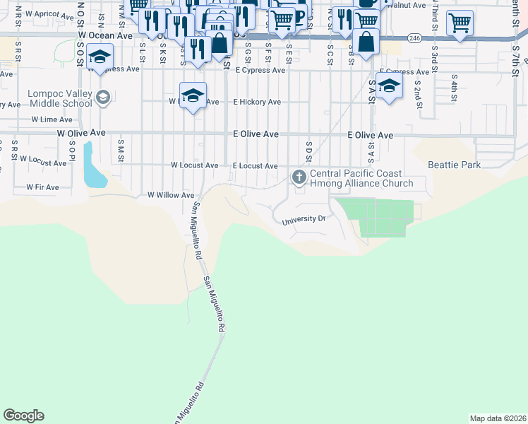 map of restaurants, bars, coffee shops, grocery stores, and more near 10 Santa Clara Drive in Lompoc