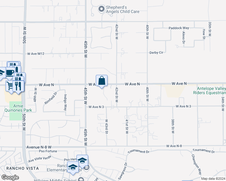 map of restaurants, bars, coffee shops, grocery stores, and more near 4214 West Avenue N in Palmdale