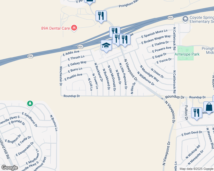 map of restaurants, bars, coffee shops, grocery stores, and more near 6084 North Buckboard Drive in Prescott Valley