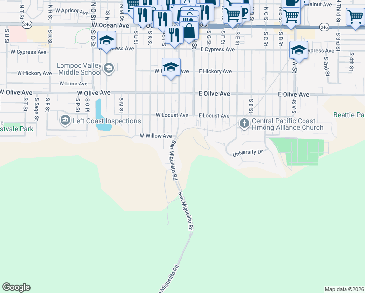 map of restaurants, bars, coffee shops, grocery stores, and more near 540 South I Street in Lompoc