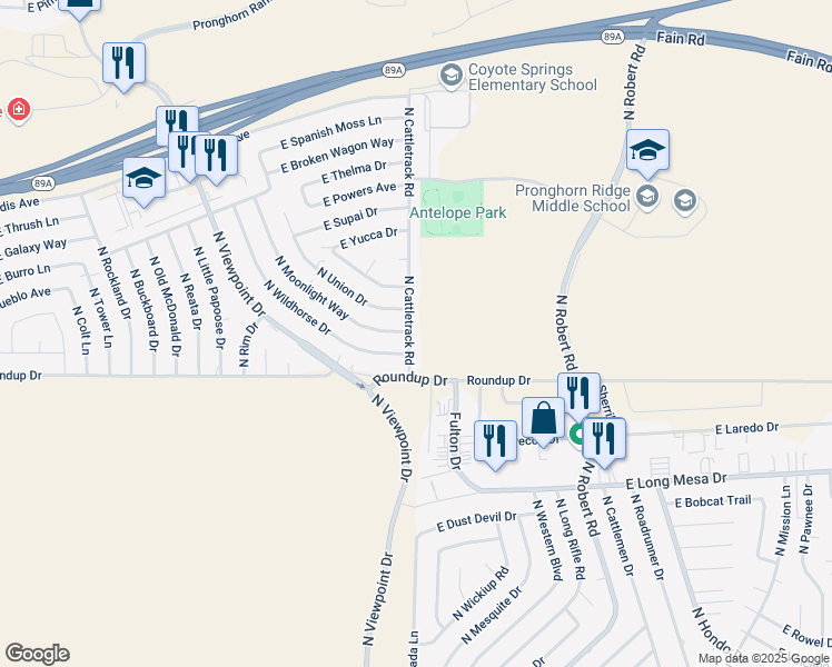 map of restaurants, bars, coffee shops, grocery stores, and more near 6101 North Cattletrack Road in Prescott Valley