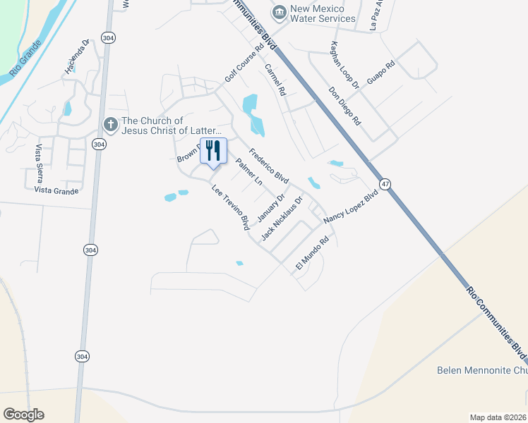 map of restaurants, bars, coffee shops, grocery stores, and more near 1615 Blanda Court in Belen