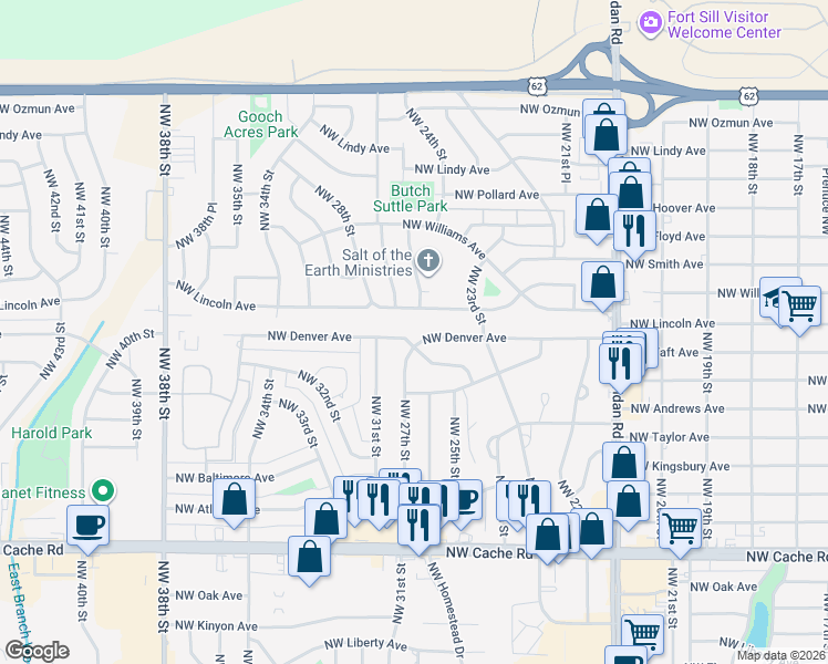 map of restaurants, bars, coffee shops, grocery stores, and more near 2703 Northwest Denver Avenue in Lawton