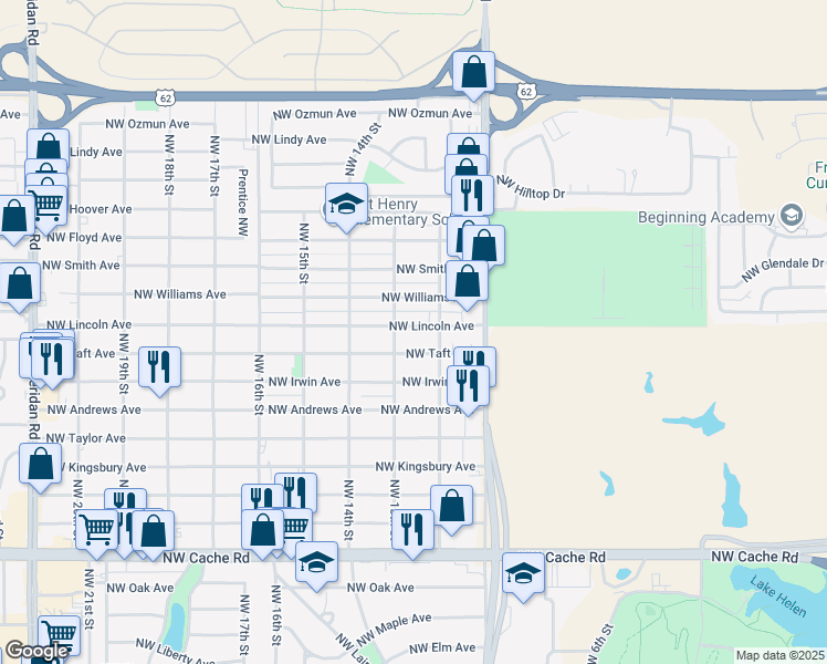 map of restaurants, bars, coffee shops, grocery stores, and more near 1212 Northwest Lincoln Avenue in Lawton