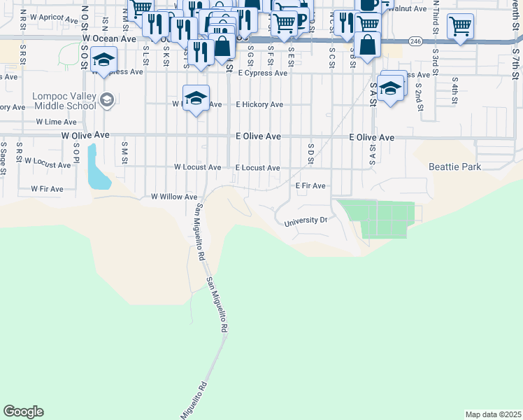 map of restaurants, bars, coffee shops, grocery stores, and more near 10 Santa Clara Drive in Lompoc