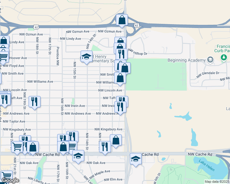 map of restaurants, bars, coffee shops, grocery stores, and more near 1114 Northwest Lincoln Avenue in Lawton