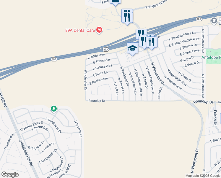 map of restaurants, bars, coffee shops, grocery stores, and more near 6100 North Dodge Circle in Prescott Valley
