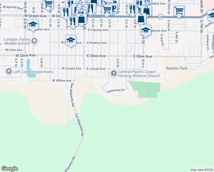 map of restaurants, bars, coffee shops, grocery stores, and more near 612 University Drive in Lompoc