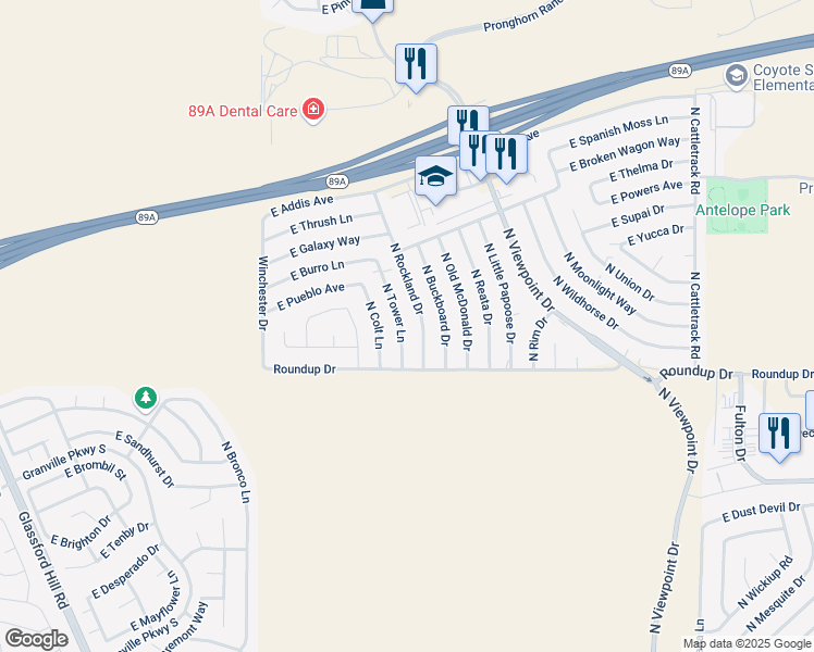 map of restaurants, bars, coffee shops, grocery stores, and more near 6101 North Tower Lane in Prescott Valley