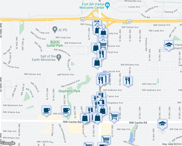 map of restaurants, bars, coffee shops, grocery stores, and more near 2117 Northwest Denver Avenue in Lawton