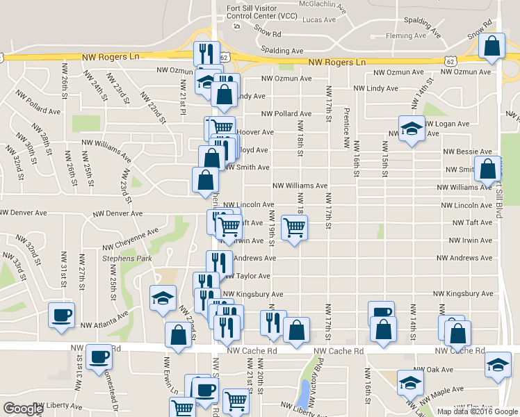 map of restaurants, bars, coffee shops, grocery stores, and more near 1908 Northwest Lincoln Avenue in Lawton