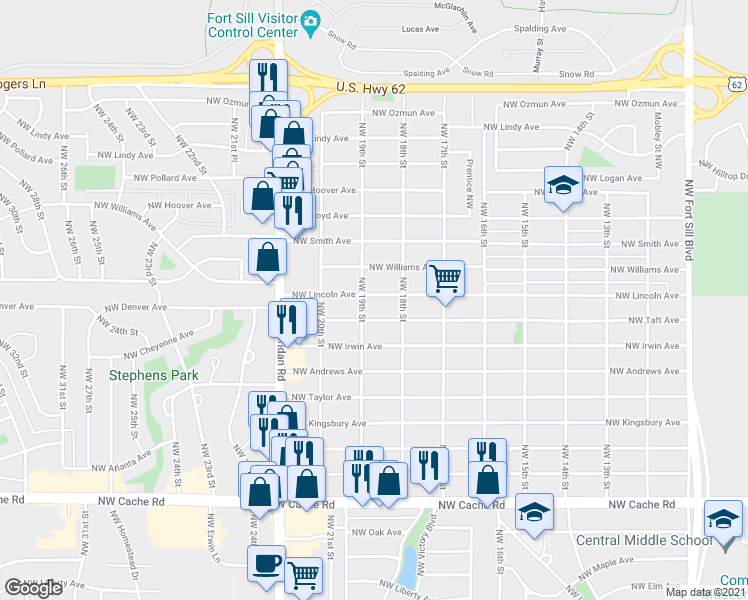 map of restaurants, bars, coffee shops, grocery stores, and more near 1814 Northwest Lincoln Avenue in Lawton