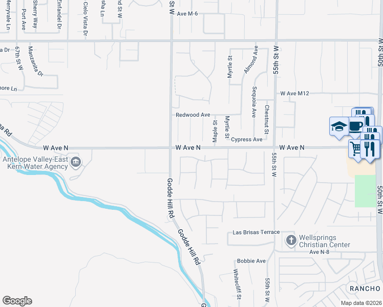 map of restaurants, bars, coffee shops, grocery stores, and more near 5909 Northridge Drive in Palmdale
