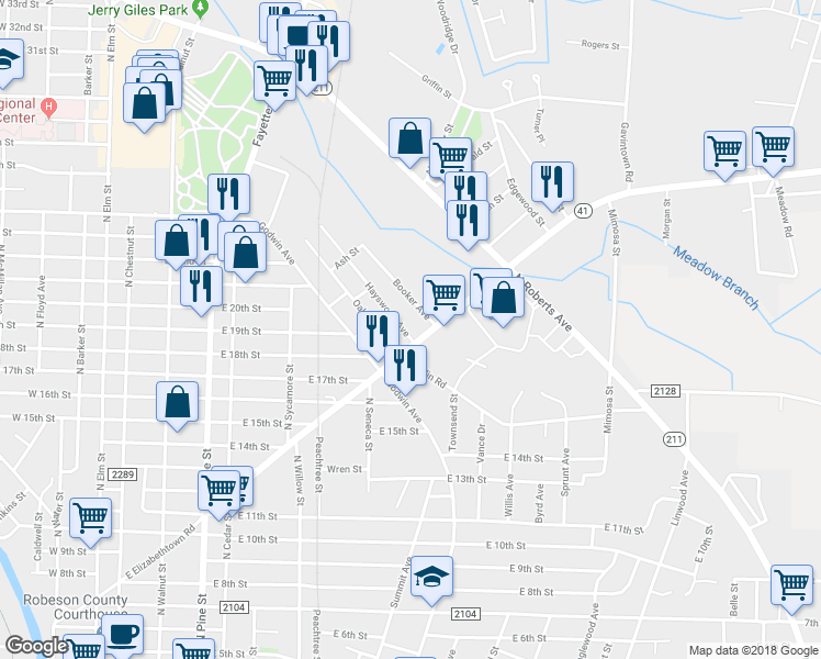 map of restaurants, bars, coffee shops, grocery stores, and more near 2102 Decor Street in Lumberton
