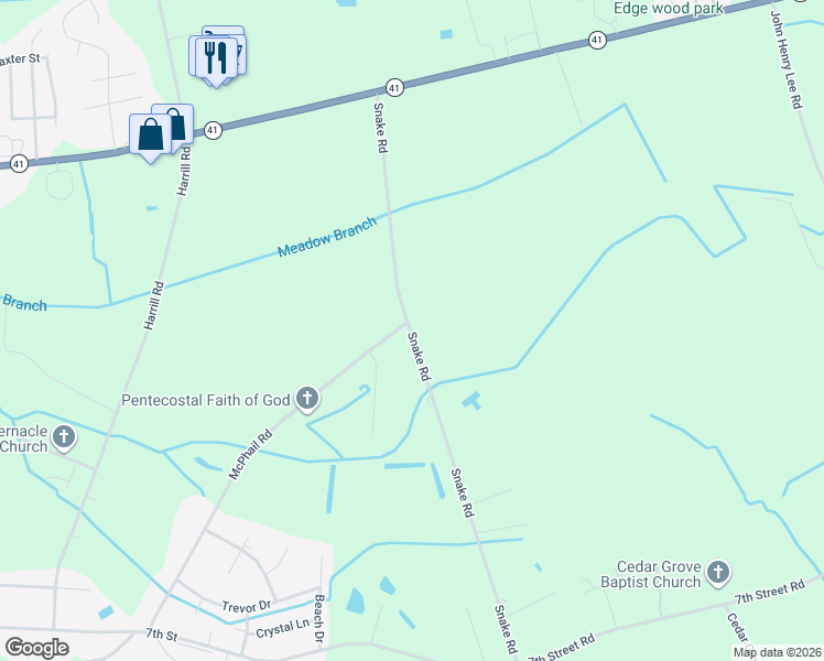 map of restaurants, bars, coffee shops, grocery stores, and more near 2333 Snake Road in Lumberton